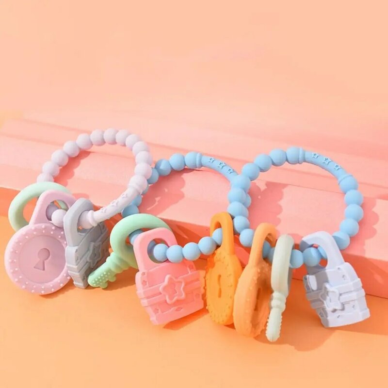 Multi cor bebê dentição brinquedo, chaveiro de silicone de grau alimentício, bebês mastigar brinquedos, design antiderrapante anel de aperto
