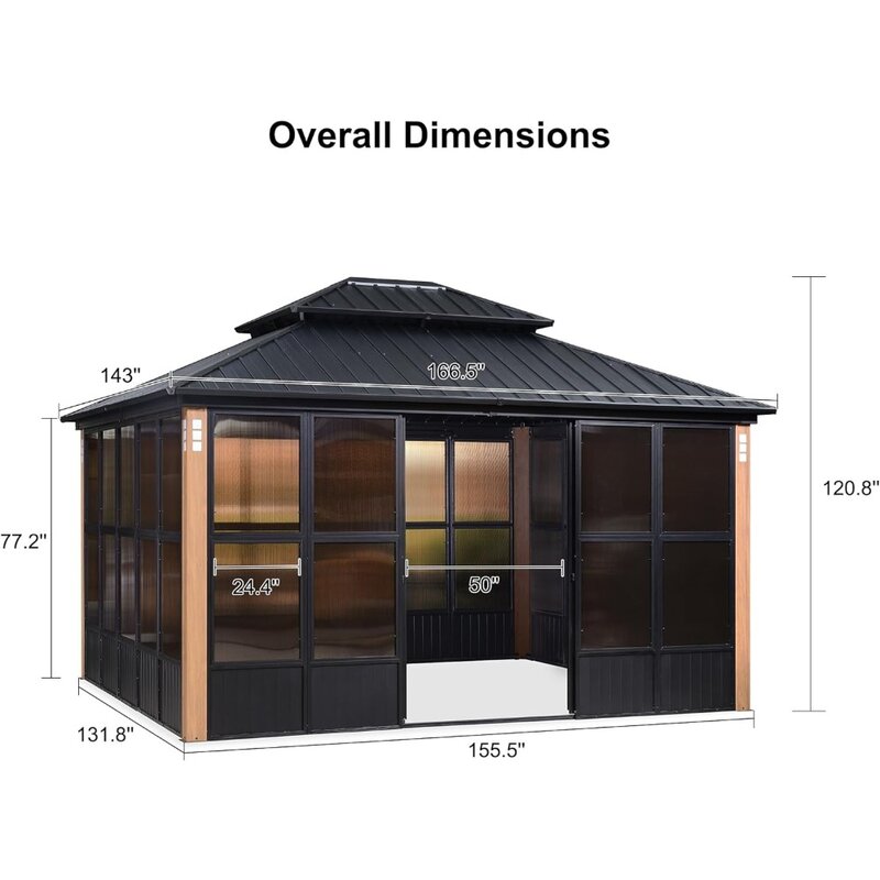Gazébo à toit rigide avec poignées et fenêtres amovibles, maison à écran extérieur double, solarium en aluminium, arrière-cour, solarium, 12 po x 14 po