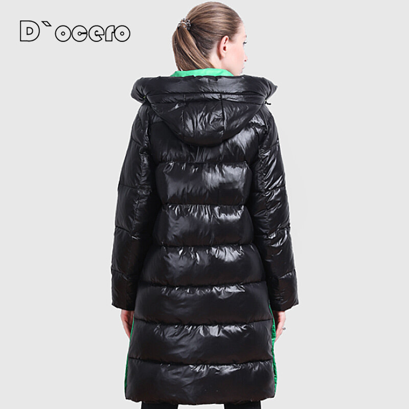 Docero 2022 nova jaqueta de inverno feminino casual solto contrastando cores lado dividir parkas grosso acolchoado casaco longo com capuz outerwear