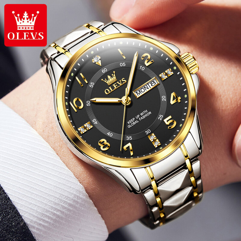 Olevs Heren Horloges Topmerk Luxe Roestvrij Staal Quartz Horloges Voor Mannen Waterdicht Lichtgevende Date Week Mode Man Polshorloge