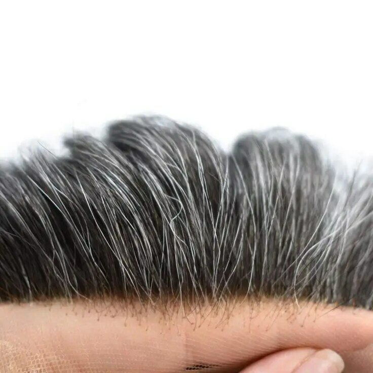 5x7 ukuran 1B65 rambut abu-abu 100% rambut manusia pria rambut palsu alami Q6 Swiss renda & PU dasar pria wig penggantian Unit sistem rambut