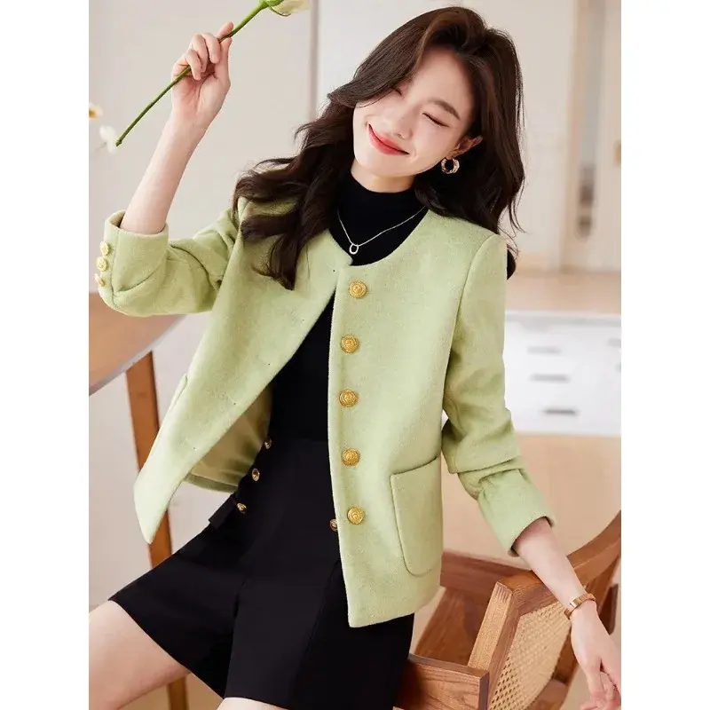 Fashion Women Casual Blazer Green Beige Gray Ladies Jacket Female Long Sleeve O-Neck Autumn Winter Coat With Pocket