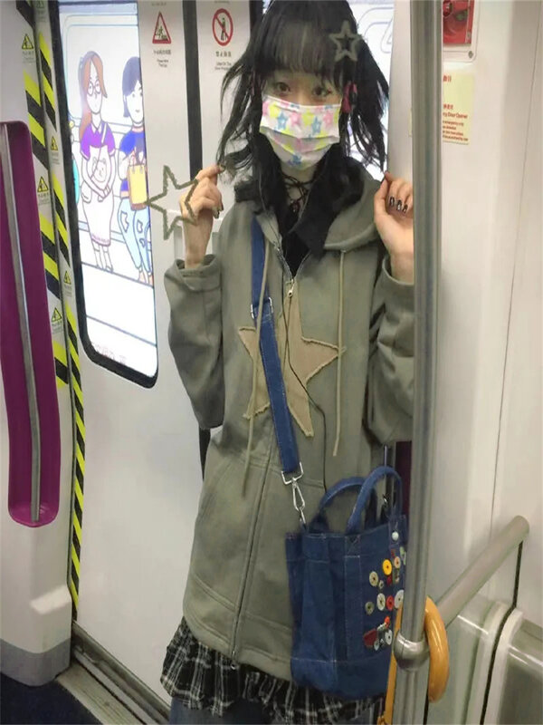 Frauen Casual Übergroßen Sweatshirts Langarm Harajuku Mit Kapuze Mantel Jacke Frühling Herbst Vintage Zip Up Hoodies 90s Streetwear