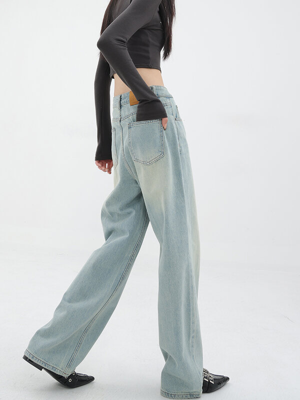 Pantalon Baggy Droit en Denim pour Femme, Jean Vintage Décontracté, Taille Haute, Streetwear Coréen, Jambes Larges, Nouvelle Mode d'Été
