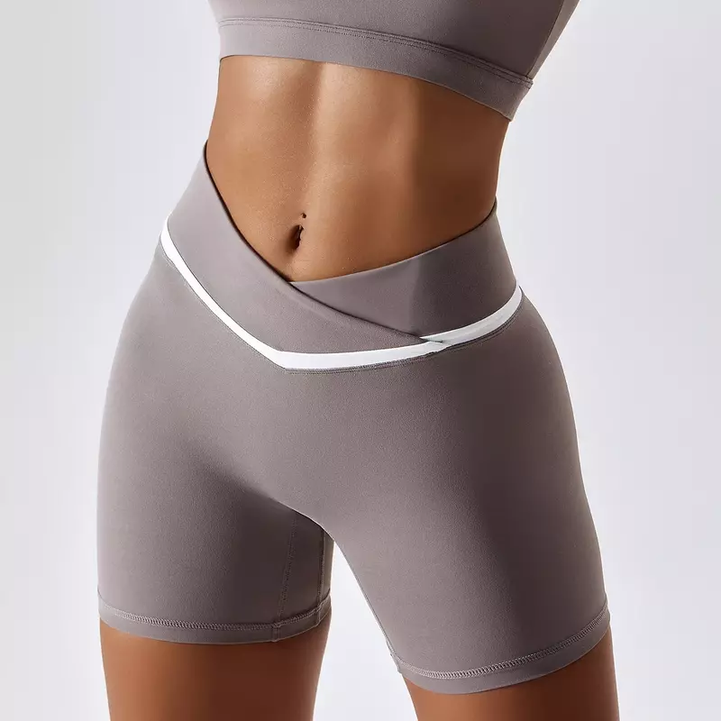 Contrast-colored hip-lifting nude yoga shorts ladies cross waist tight-fitting exercise quick-drying fitness shorts
