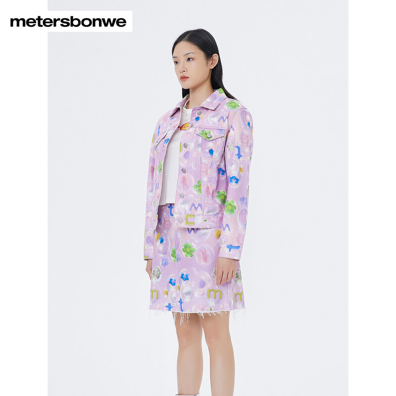 Metersbonwe-chaqueta vaquera con estampado completo para mujer, chaqueta Regular de algodón, Tops de marca a la moda, novedad de verano