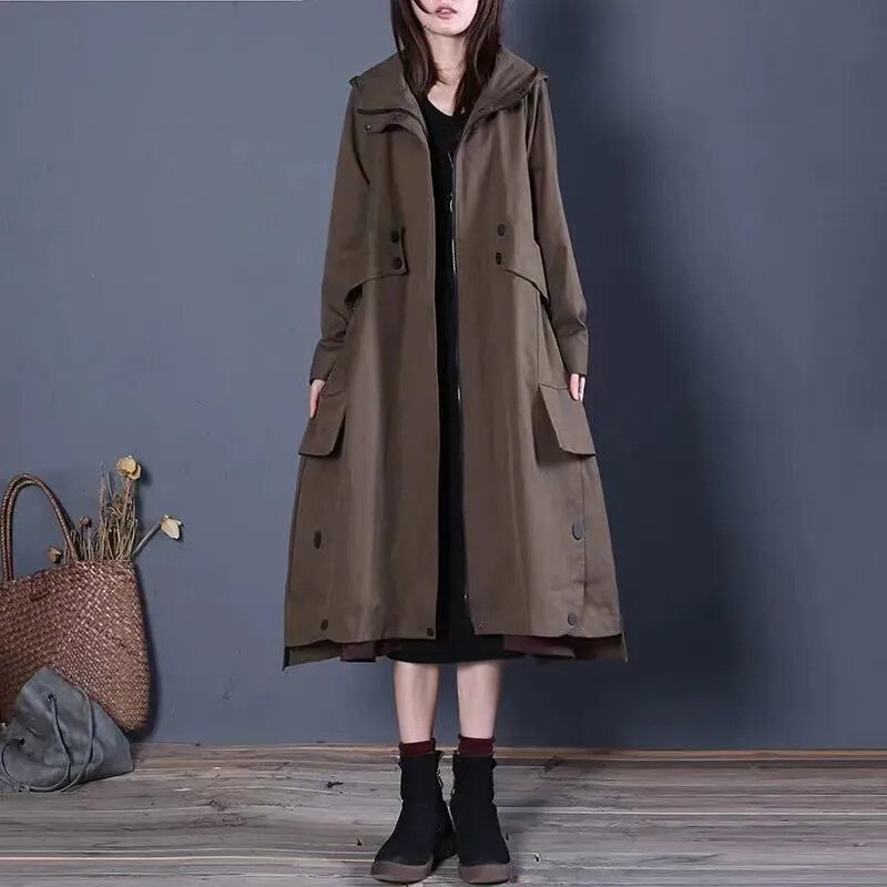 Spring Autumn Windbreaker Coats Women Fashion Overcoat New Hooded Trench Coat Loose Big Size Long Outerwear Jackets female