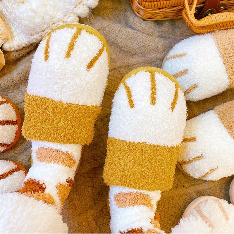 겨울용 귀여운 고양이 발 디자이너 집, 여성 모피 슬리퍼, 바닥, 음소거, 침실, 연인, 따뜻한 플러시 신발, 실내 여성용 푹신한 슬라이드