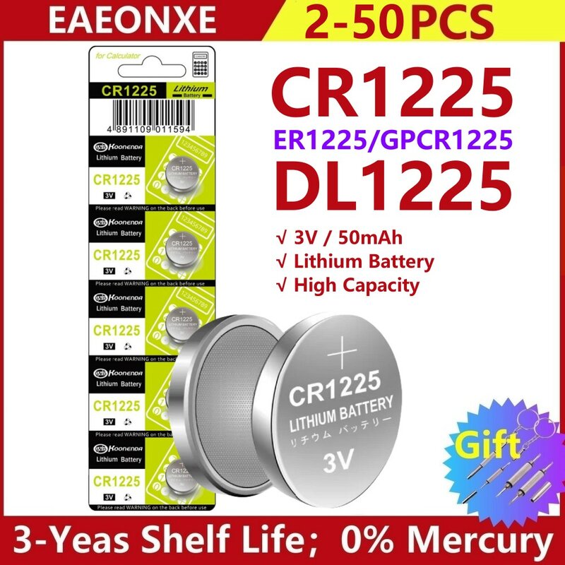 Batería de litio CR1225 a granel, 2-50 piezas, 3v, Compatible con DL1225, BR1225, KL1225, L1225, ECR1225, KCR1225, calculadora, reloj, llave de coche