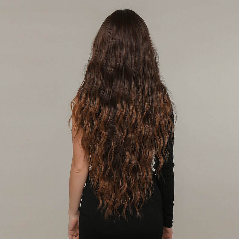 Czarno-brązowe długie faliste peruki z grzywką odporne na ciepło naturalne kręcone sztuczne włosy dla kobiet na imprezę Cosplay codziennego użytku