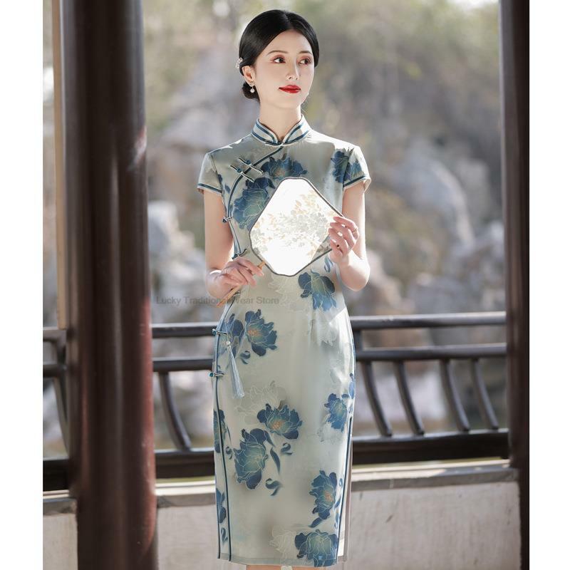 Dress pernikahan wanita, gaun Cheongsam Modern ditingkatkan gaya China harian Retro modifikasi sutra Qipao musim panas