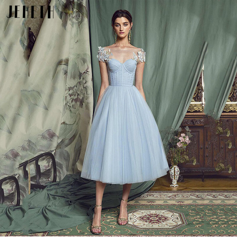 JEHETH Sky Blue A Line Short Appliques Prom Dress Lace-up Backless Princess Celebrity Evening Gown Tea Length robes de soirée