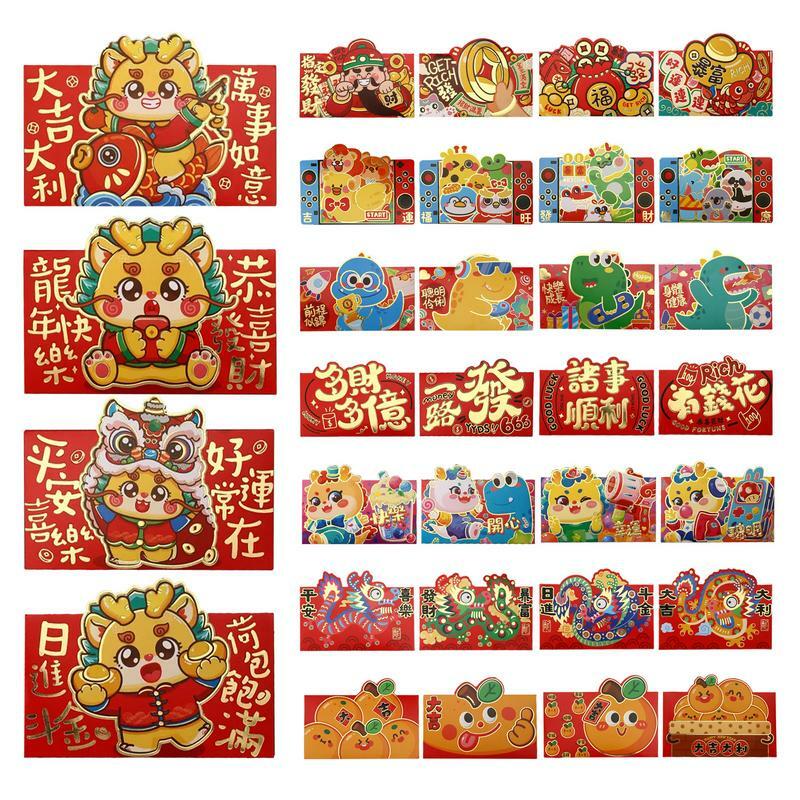 Envelopes vermelhos do ano novo chinês, dragão, festival da primavera, bolsos de dinheiro, pacotes sortudos do casamento, moda primavera, 4pcs, 2024