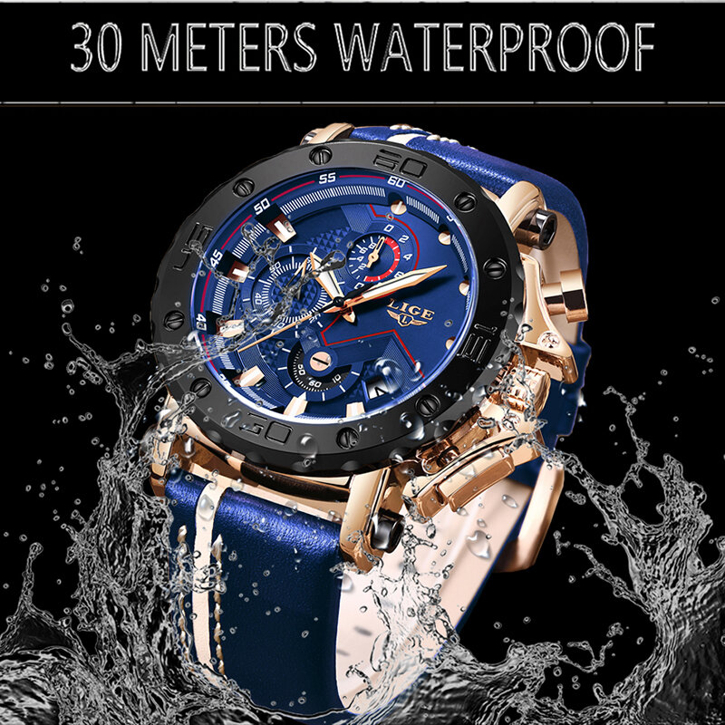 Lige original relógio masculino grande dial couro banda data homens negócios masculino relógios à prova dwaterproof água luxos masculino relógios de pulso para homem