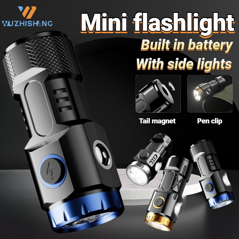 Senter Mini LED daya tinggi USB portabel, Senter berkemah luar ruangan, lentera memancing dengan lampu samping dan Magnet ekor