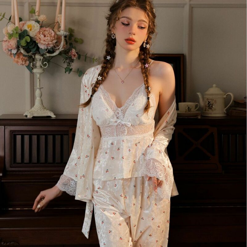 Pijama de terciopelo con tirantes finos para mujer, conjunto de ropa de dormir de tres piezas, Sexy, con cerezas pequeñas, para otoño e invierno, 2023