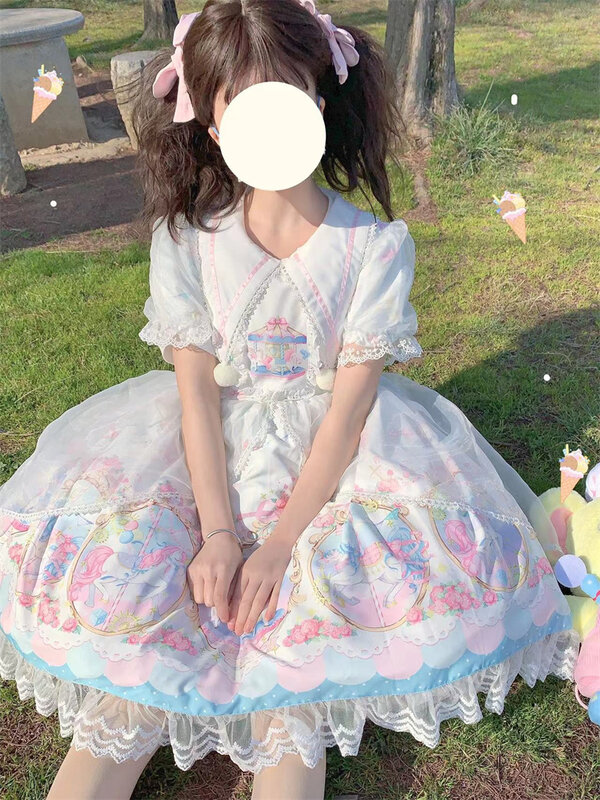 Japońska słodka sukienka Lolita karuzela OP sukienka z krótkim rękawem letnie dziewczyny słodkie spotkanie przy herbacie kobiety Harajuku Kawaii elegancka sukienka Vestidos