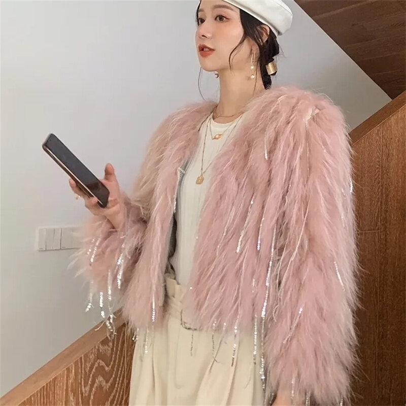 Autumn And Winter Fashion Ladies Beautiful Raccoon Hair Woven Short And Long Solid Color Winter Fringed Fur Loose Cardigan Coat