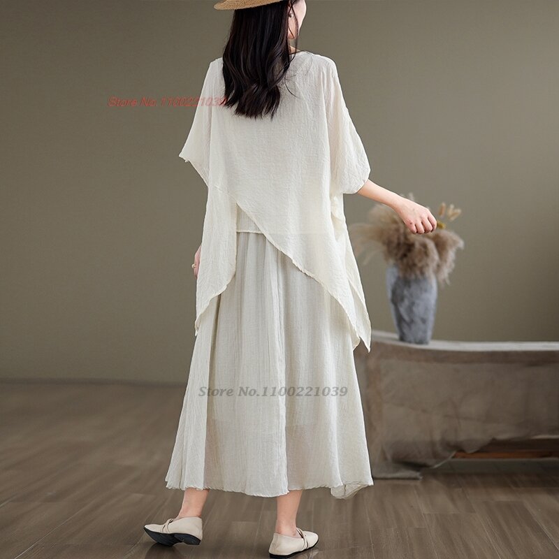 2024 Традиционный китайский винтажный комплект, Воздухопроницаемый хлопковый льняной чайный сервиз hanfu tops+skirt, комплект для йоги, медитации, прогулок на открытом воздухе