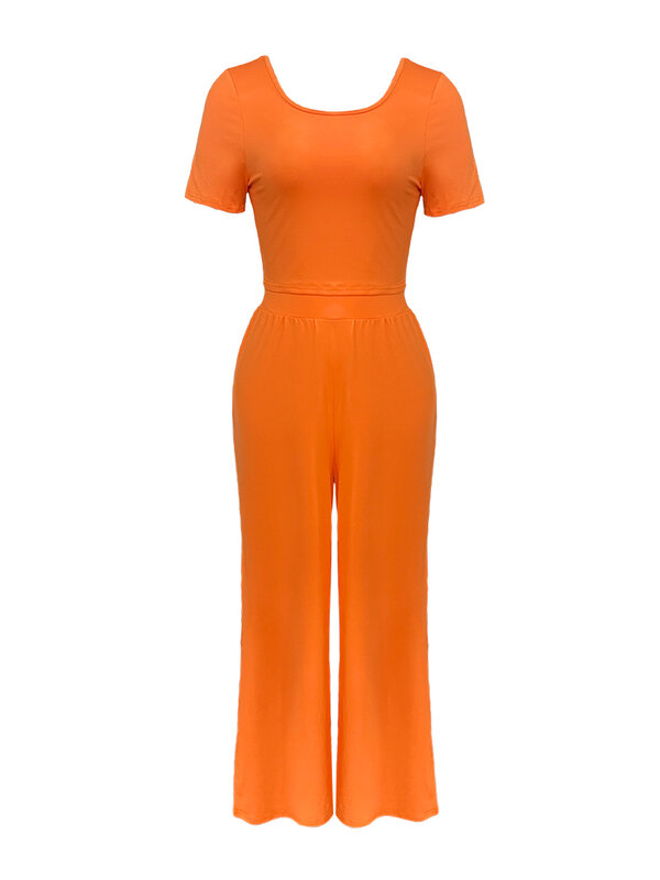 LW-T-shirt à manches courtes et pantalon large pour femme, ensemble deux pièces décontracté, couleur unie, vêtements à la mode, 2024