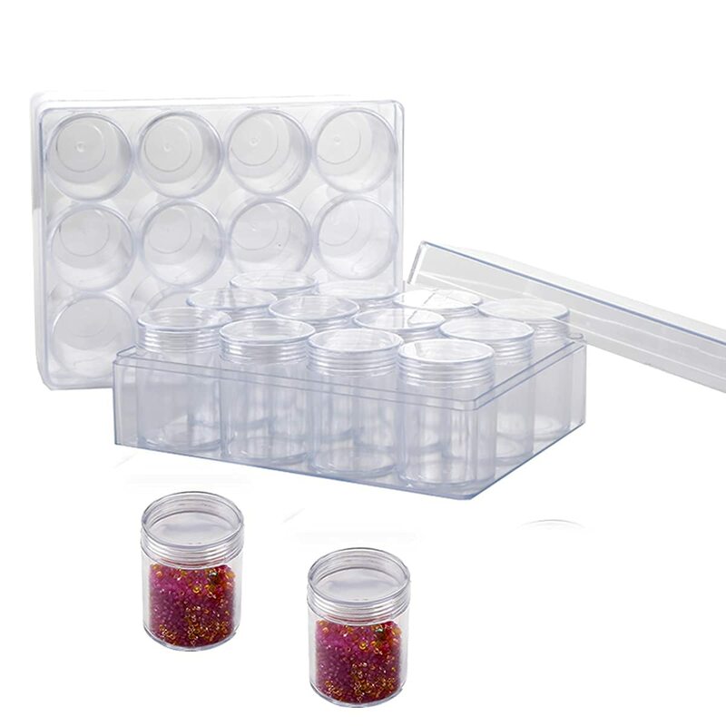21814 Plastic Bead Storage Box with 12 Removable & Stackable Jars- Clear Organizer Storage for Large, Small, Mini, Tiny Beads
