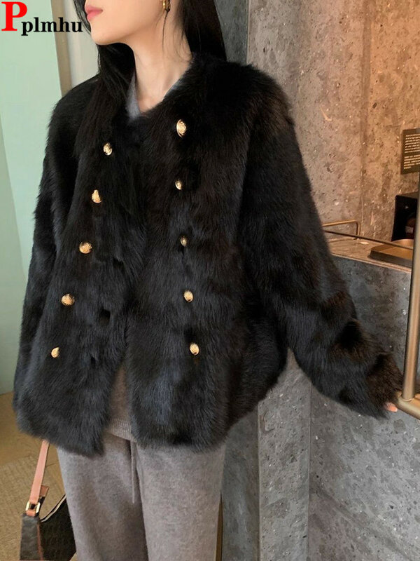 Jaket crop bulu kelinci palsu hangat Korea jaket lembut wanita Chic mewah klasik mantel kasual ramping Musim Dingin Ceketler elegan baru