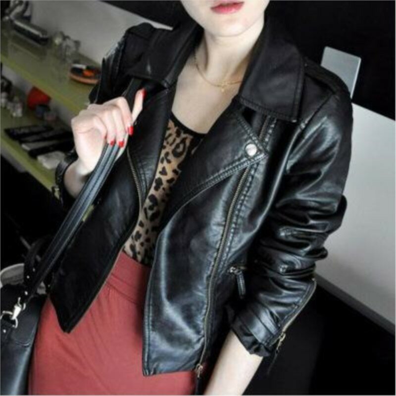 Jaket kulit Pu wanita, mode warna terang hitam putih jaket motor mantel pendek kulit imitasi jaket pengendara sepeda motor lembut wanita