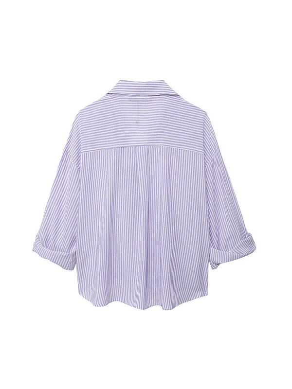 Traf-camisa de manga comprida feminina com botão, top casual com listra, para a praia, novo, verão
