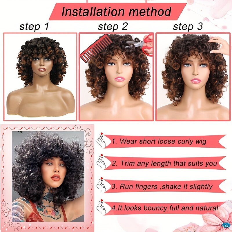 Short Loose Curly Wigs for Women Ginger Afro Kinky Curly Bob Wig with Bang Natural Synthetic Cosplay Hair Wig Red Brown Pink