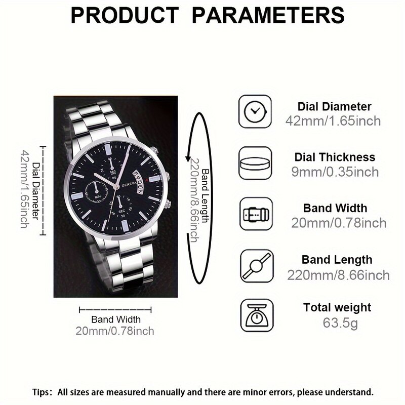 3 sztuk/zestaw, 1pc męski kalendarz moda biznesowa kwarcowy zegarek na rękę z zestaw bransoletek ze stali stalowy pasek i naszyjnik,