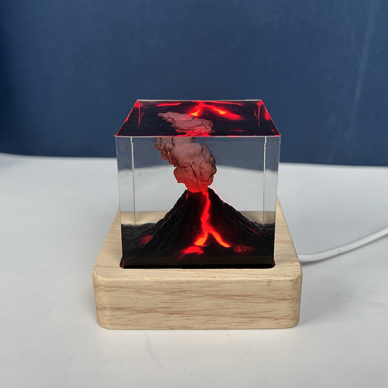 Lampe de Table en Résine en Forme de Cube de 5cm, Décoration Artistique Créative, Thème Éruption Volcanique, Veilleuse, Charge USB