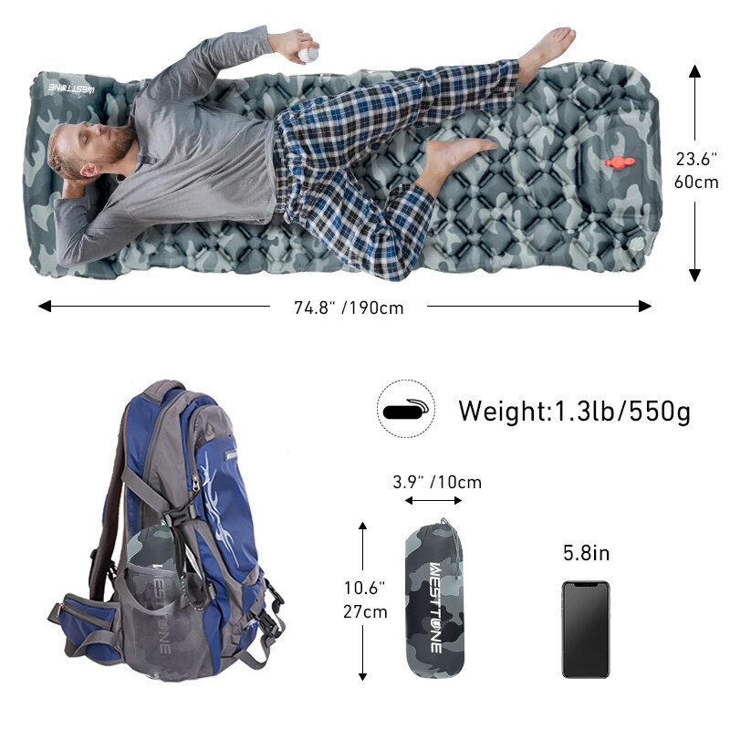 Materassino gonfiabile da campeggio ultraleggero per esterni con pompa incorporata e materassino ad aria per cuscino per escursioni in zaino da viaggio