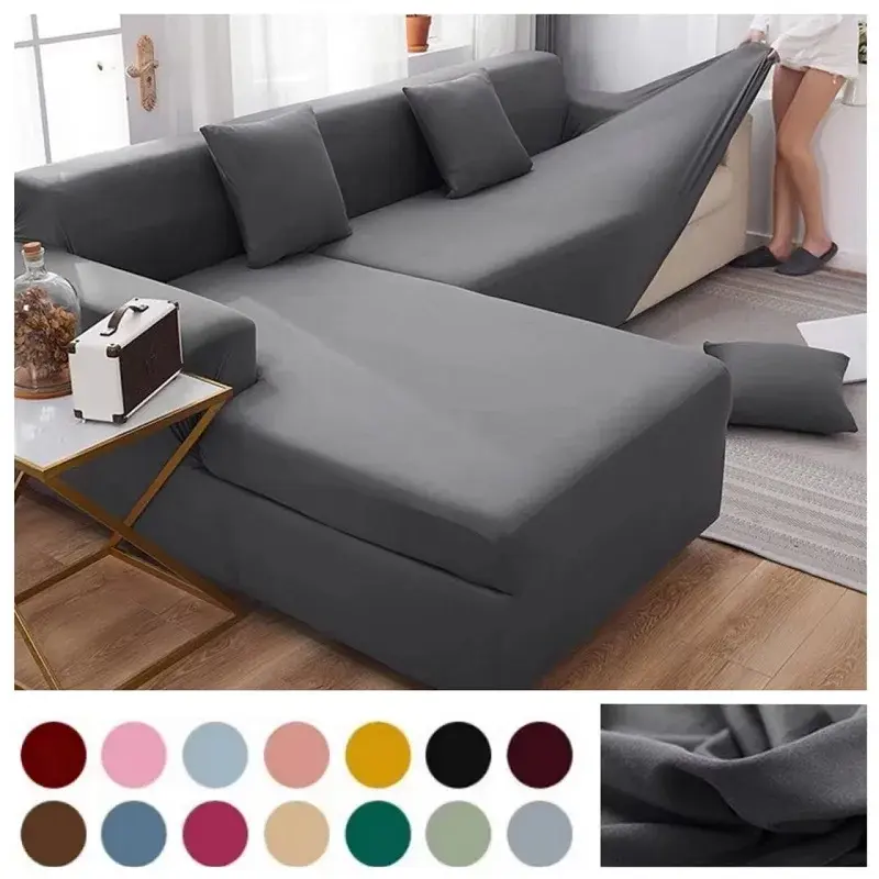 Sarung Sofa elastis untuk ruang tamu, penutup Sofa warna Solid, Sarung Sofa sudut bentuk L, pelindung kursi 1/2/3/4 tempat duduk