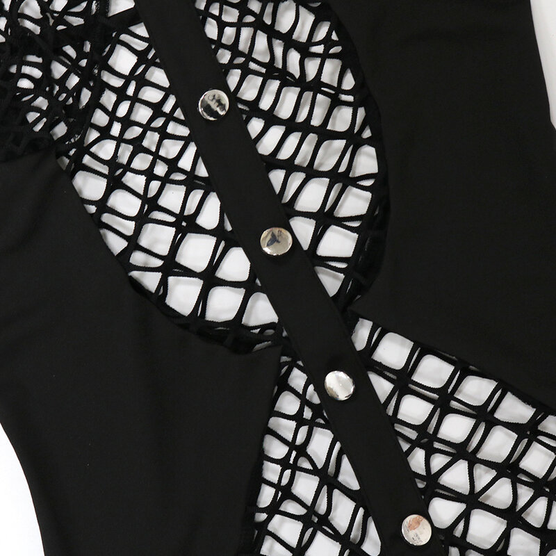 메쉬 블랙 섹시한 점프 슈트 여성 패션 의류 2022 원피스 패치 워크 솔리드 민소매 Bodycon Clubwear 점프 슈트 바디 슈트