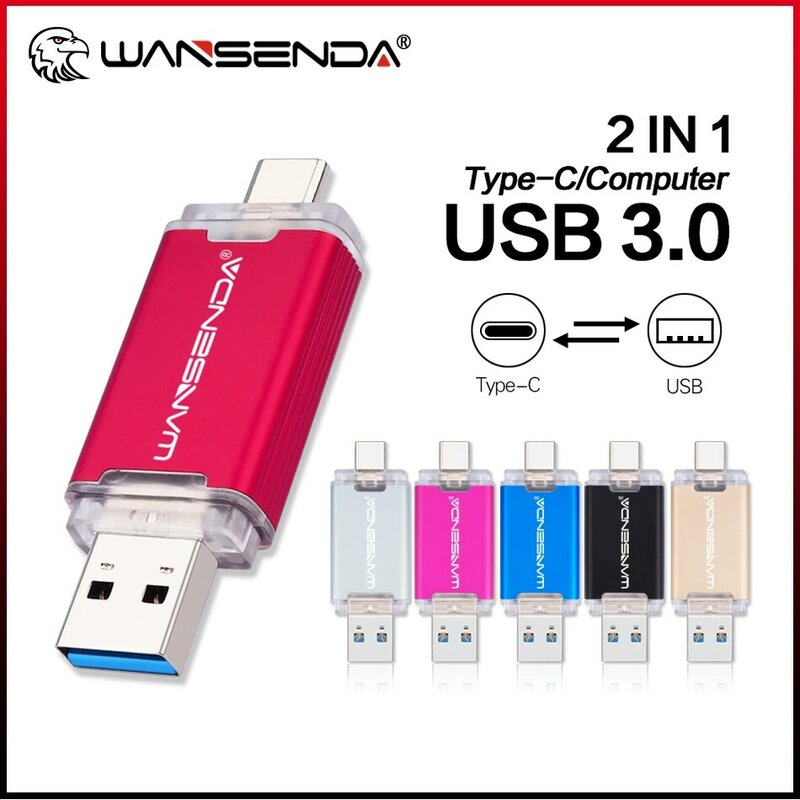 WANSENDA-OTG Type-C USB Flash Drive, Pendrive, Memory Stick, Pen Drive para Android, PC, Mac, 512GB, 256GB, 128GB, 64GB, 32GB, 16GB