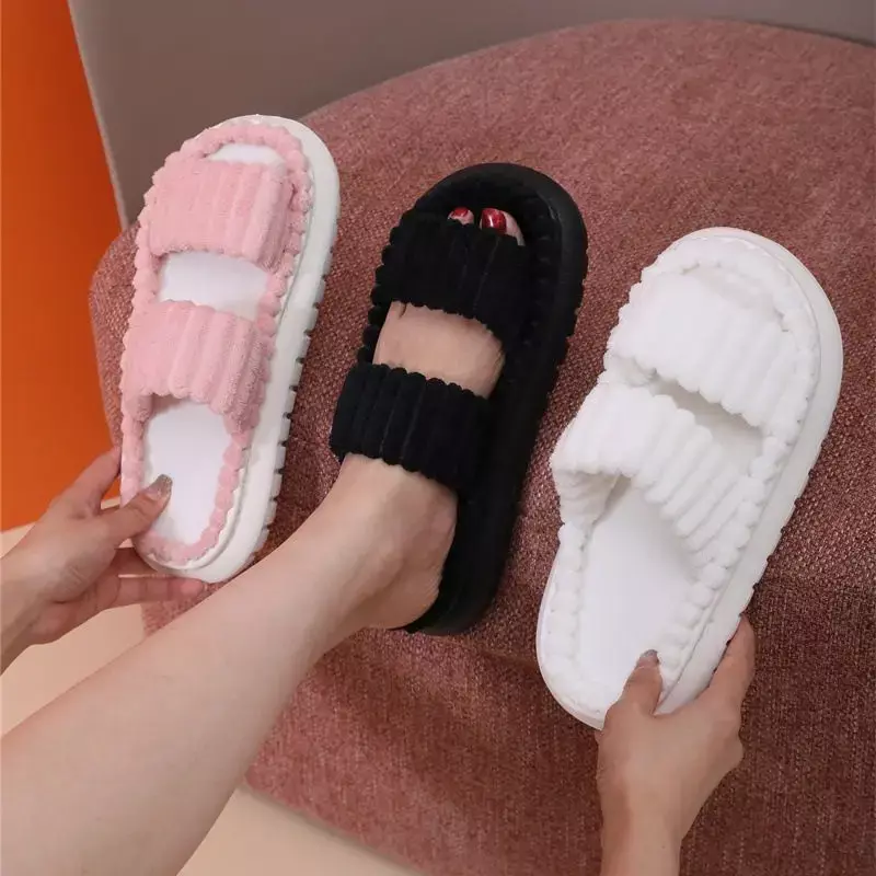 Fashion Winter Cross Cotton Slippers Women Autumn Home Thick Platform Flat Slides Floor Mute Slippers Comfort Flip Flops