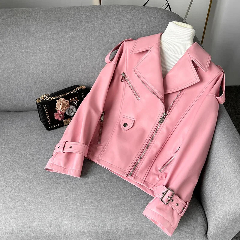 Jaket kulit asli wanita musim semi 2024 baru mantel motor jaket longgar kulit domba wanita dan mantel Atasan pendek merah muda