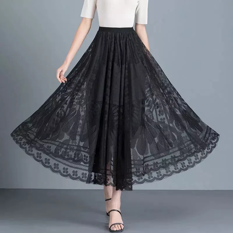 2024 New Fashion Lace Edge Long Half Skirt Age Reduction Foreign Air Thin Words Large Swing Mesh Fairy White Pleated Skirt