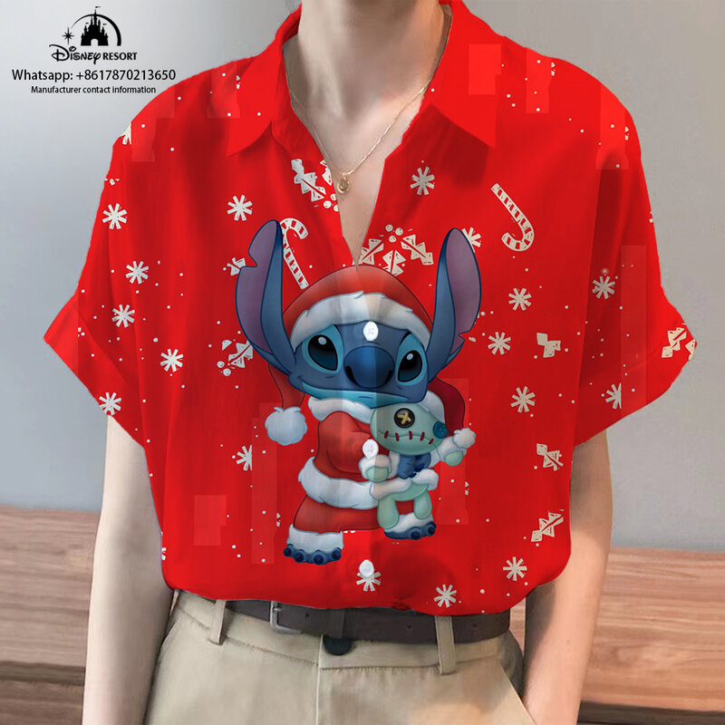 Cartoon Stitch 2024 Christmas New Anime Short Sleeve Shirt Summer Street Style Disney Fashion Casual Women's Tops y2k