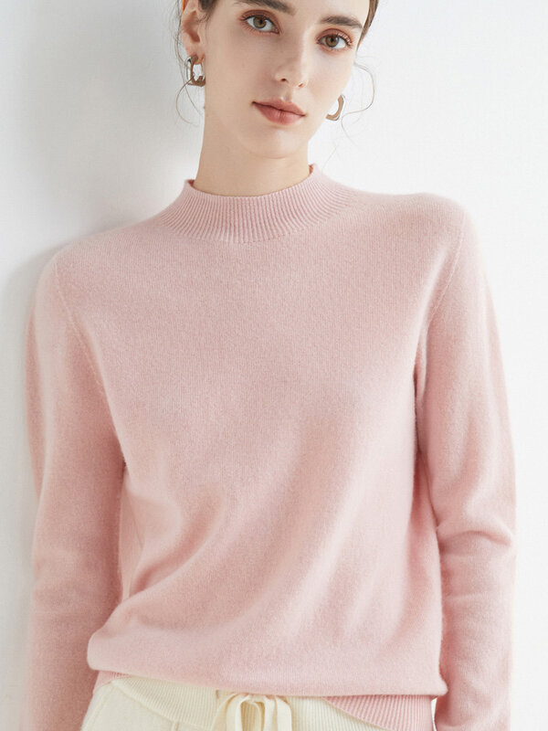 Suéter monocromático de pescoço simulado feminino 100% lã merino, malha casual de cashmere, roupas femininas, tops básicos, outono e inverno