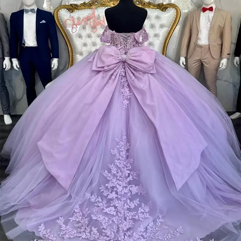 Vestidos Quinceanera fora do ombro, vestido de renda com arco, vestidos de festa de aniversário da princesa, lilás, aplique 15 anos