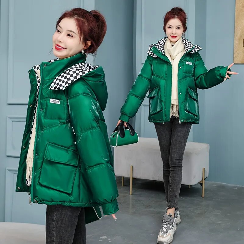 Glossy Down Cotton Coats Womens Jacket Winter Warm Casual Hooded Puffer Parkas Thicken Warm Cotton-Padded Coat Snow Wear Outwear