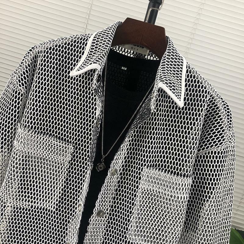 Spring Summer Turn-down Collar Fashion Long Sleeve Jackets Man High Street Casual Button Hollow Out Cardigan Breathable Tops