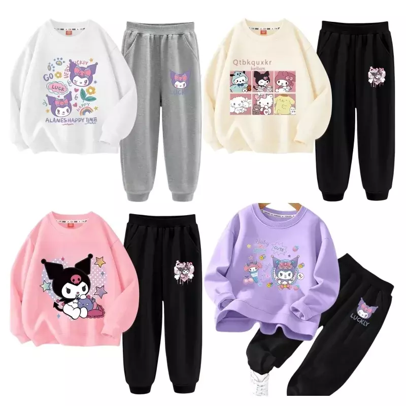 Anime Sanrios My Melody Cinnamoroll Kuromi Hellokittys Girl Casual Sport Suit Cartoon Children Sweater Trousers 2-piece Set Kids