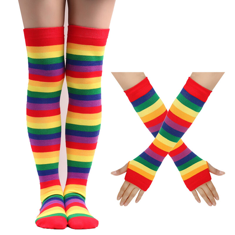 Medias coloridas a rayas para mujer, calcetines hasta la rodilla informales hasta el muslo, medias por encima de la rodilla, calentador de brazos, conjunto de guantes sin dedos