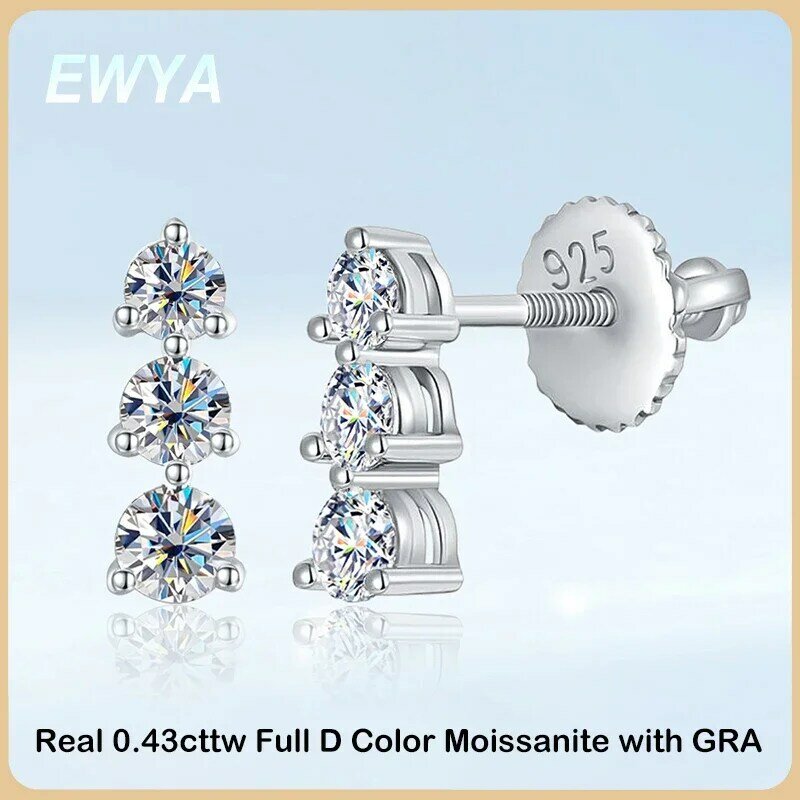 EWYA anting-anting Drop Moissanite warna D 0.43cttw asli untuk wanita S925 perak 3 batu lulus uji berlian anting-anting menjuntai perhiasan halus