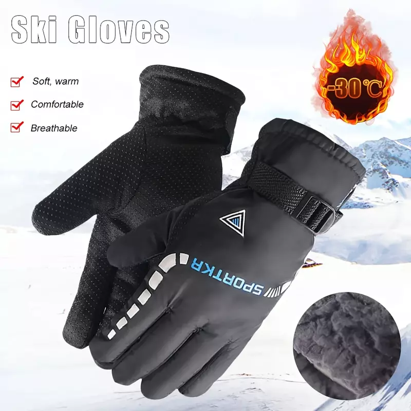 1pair Winter Warm Mittens Windproof Plus Velvet Mittens Ski Gloves For Men Women Outdoor Anti-skid Motorcycle Riding