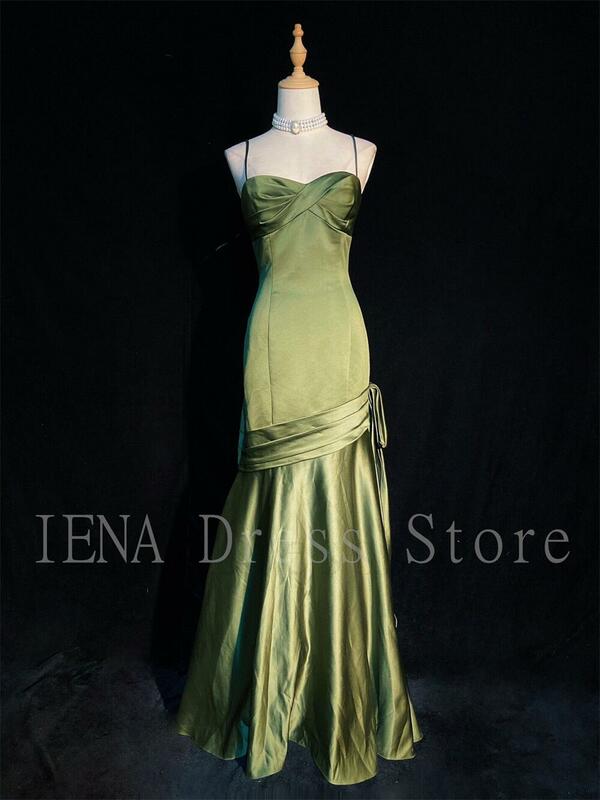 14716#IENA Elegant Atonement Tallis Costume Vintage Olive Green Evening Dress Spaghetti Strap Satin Prom Party Gown Homecoming