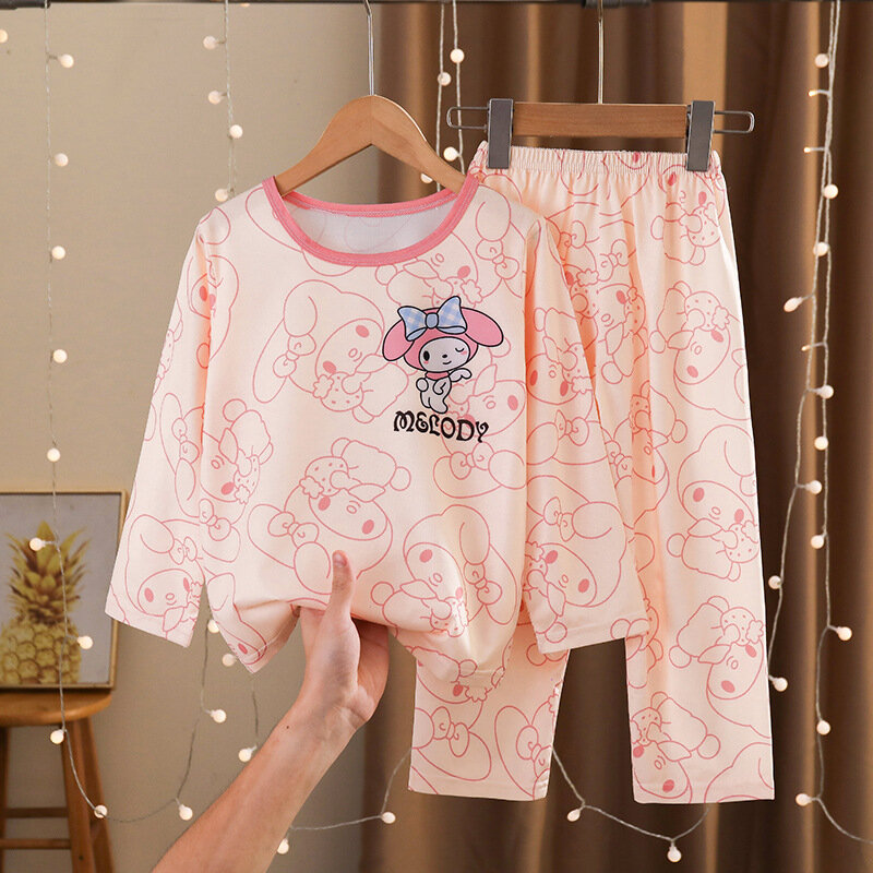 Осень 2024, Детские пижамные комплекты из молочного шелка, милая Sanrioed аниме Cinnamoroll Kuromi, одежда для сна для мальчиков и девочек, женская одежда