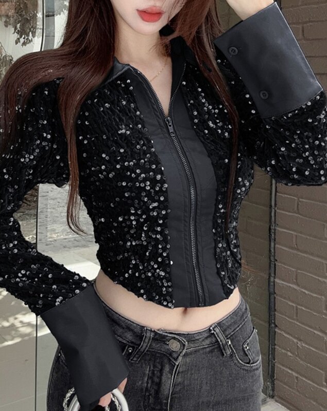 Jackets for Women Spring Autumn Fashion Contrast Sequin Zipper Design Patchwork Casual Turn-Down Collar Long Sleeve Daily Jacket